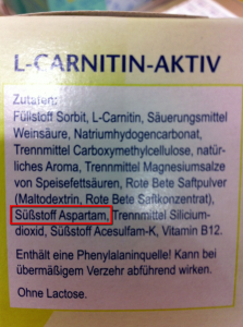 L-Carnitin-Aktiv vom Aldi mit dem Süßstoff "Aspartam"